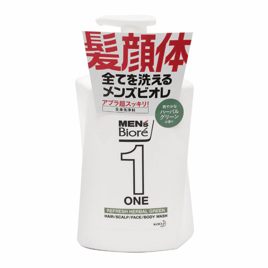 Kao Men's Bioré ONE All-In-One Full Hair Face & Body Wash  Herbal Green 480ml