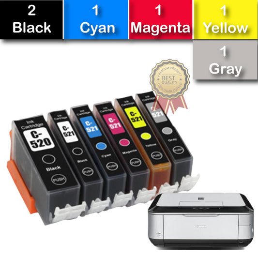 Compatible 7 Pack Canon  PGI520/CLI521 Ink Cartridges High Yield [2BK,1PBK,1C,1M,1Y,1GY]