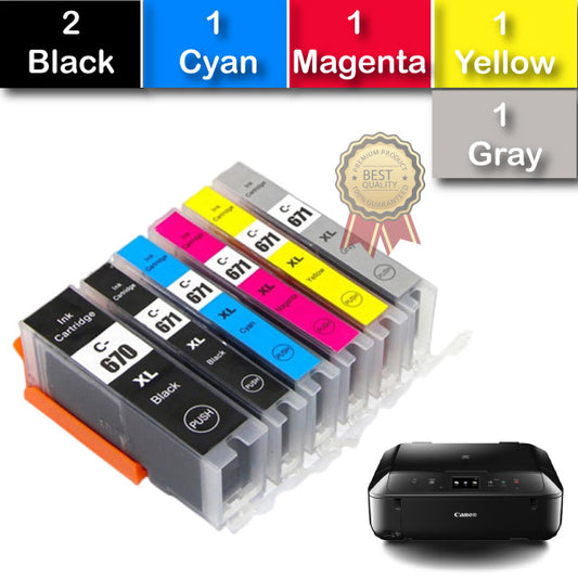 Compatible 7 Pack Canon  PGI670/CLI671 Ink Cartridges High Yield [2BK,1PBK,1C,1M,1Y,1GY]