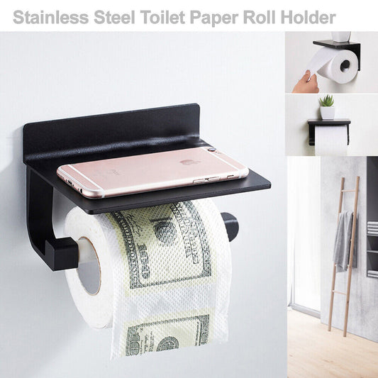 Stainless Steel Toilet Paper Roll Holder Storage + Phone Shelf Bathroom Washroom