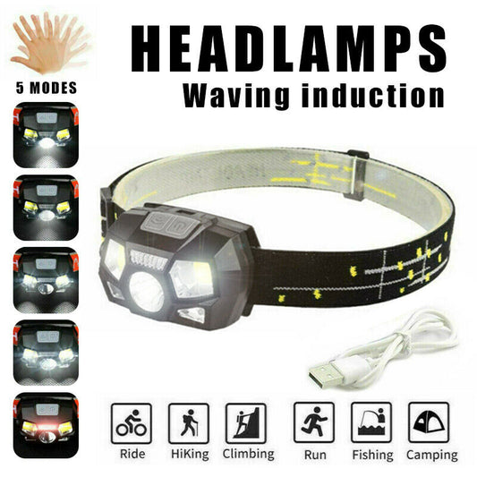 LED Head Torch Headlight COB Camping Headlamp USB Rechargeable Flashlight Lamp